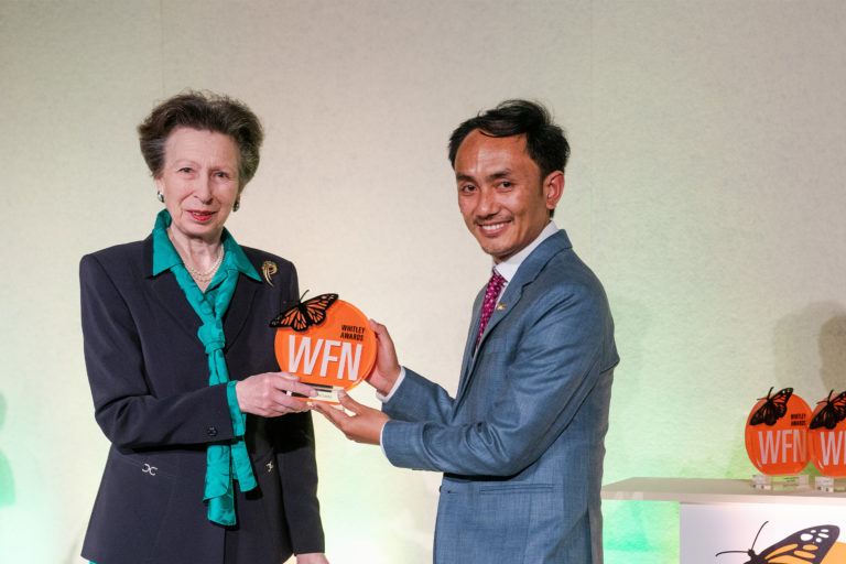 Sonam Tashi Lama from Red Panda Network receives the Whitley Award from Princess Anne, patron of the Whitley Fund for Nature in London.