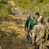 Park rangers walk next to a fenceline