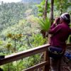 A young birder from the United States, Heather Levy, scanning for imperial parrots at a viewpoint in Dominica’s Morne Diablotin National Park. Image by Peter Kleinhenz for Mongabay.