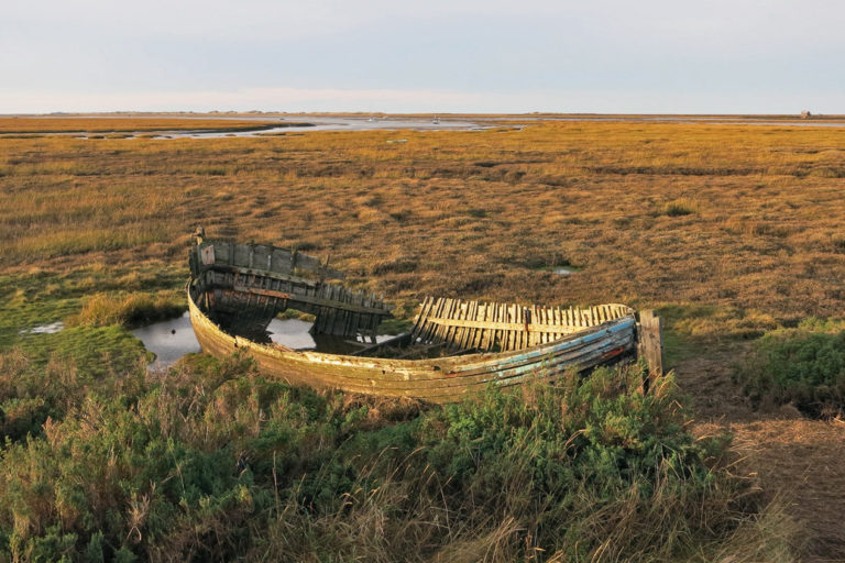 A boat in a salt marsh.