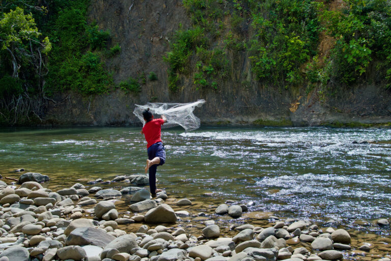 A fisher casts a net in Malaysia.