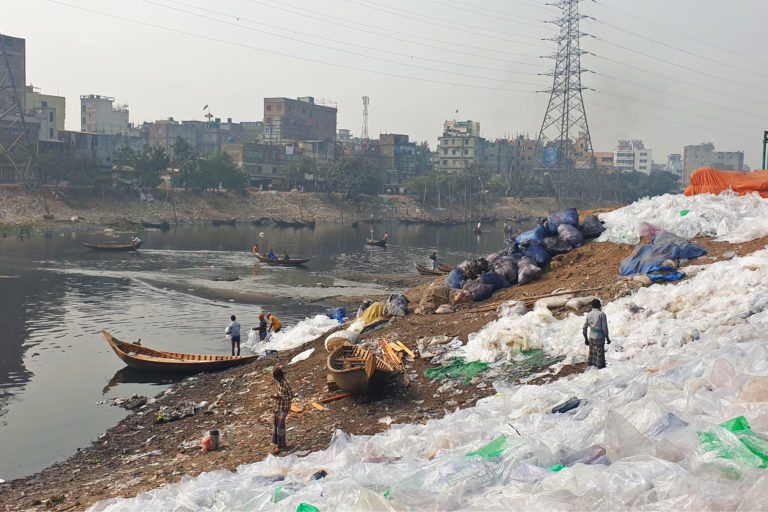 Used polythene waste on the banks of Buriganga River.