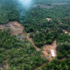 Clearing of forest with trucks and cement laid for the foundations of a building at the feasibility study area of KP Cement’s mine. Image by Andy Ball for Mongabay.