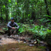 Mongabay's founder and CEO Rhett Ayers Butler flying a drone in the Amazon rainforest in July 2023.